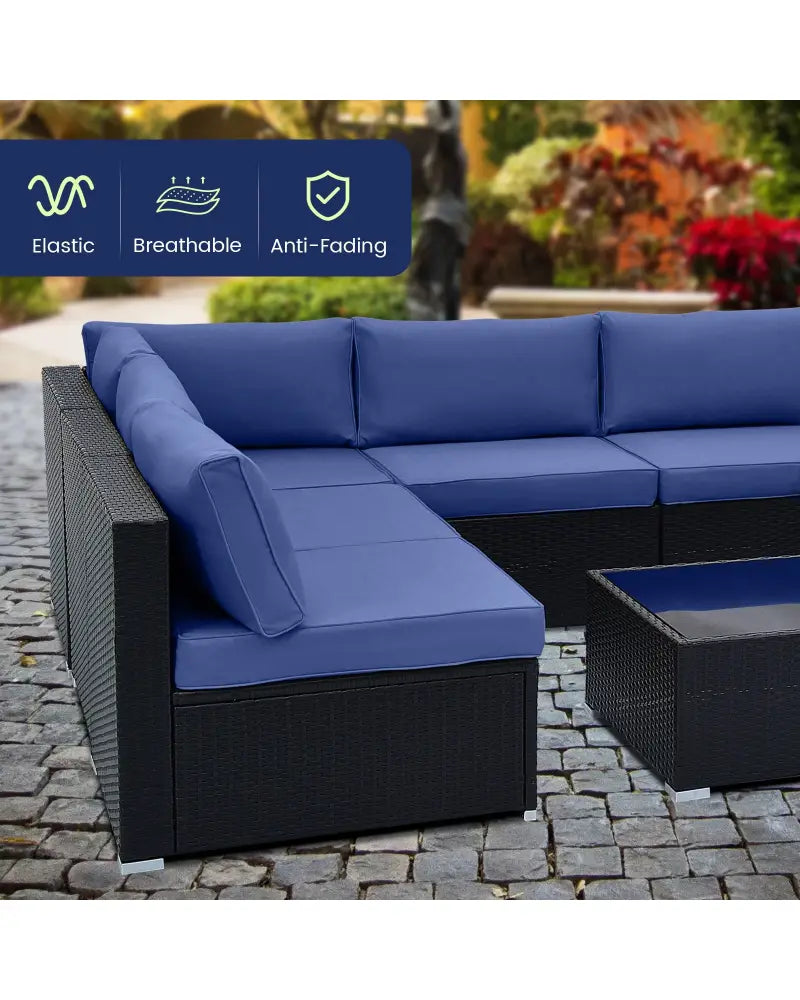 10 Piece Outdoor Wicker Conversation Set with Seat and Back Cushions-Navy - Navy - Patio Furniture Sets