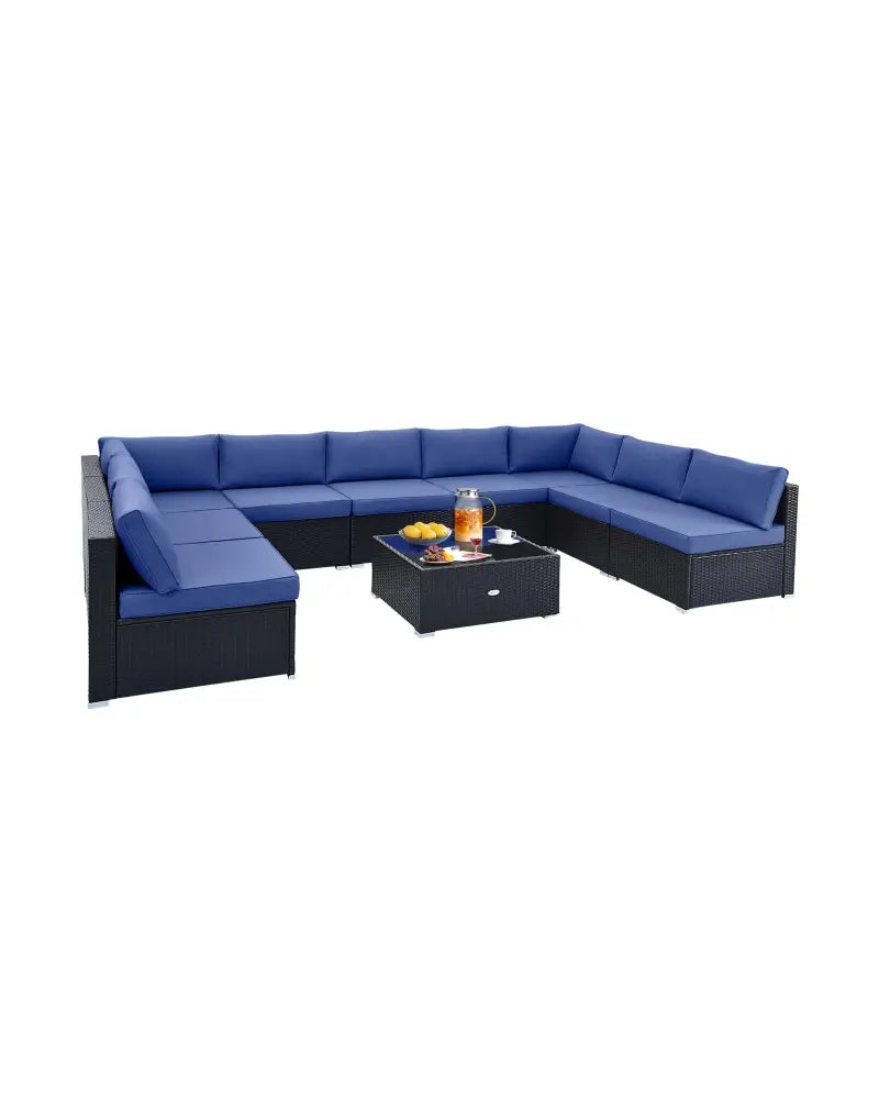 10 Piece Outdoor Wicker Conversation Set with Seat and Back Cushions-Navy - Navy - Patio Furniture Sets