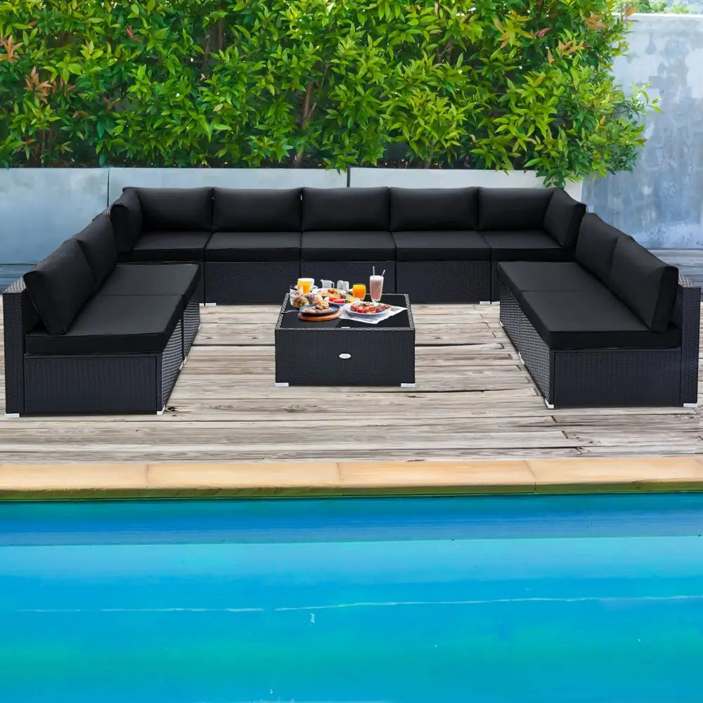 10 Piece Outdoor Wicker Conversation Set with Seat and Back Cushions-Black - Black - Patio Furniture Sets