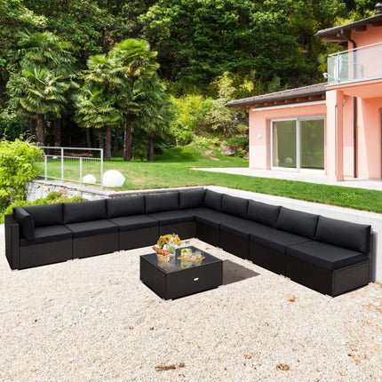10 Piece Outdoor Wicker Conversation Set with Seat and Back Cushions-Black - Black - Patio Furniture Sets