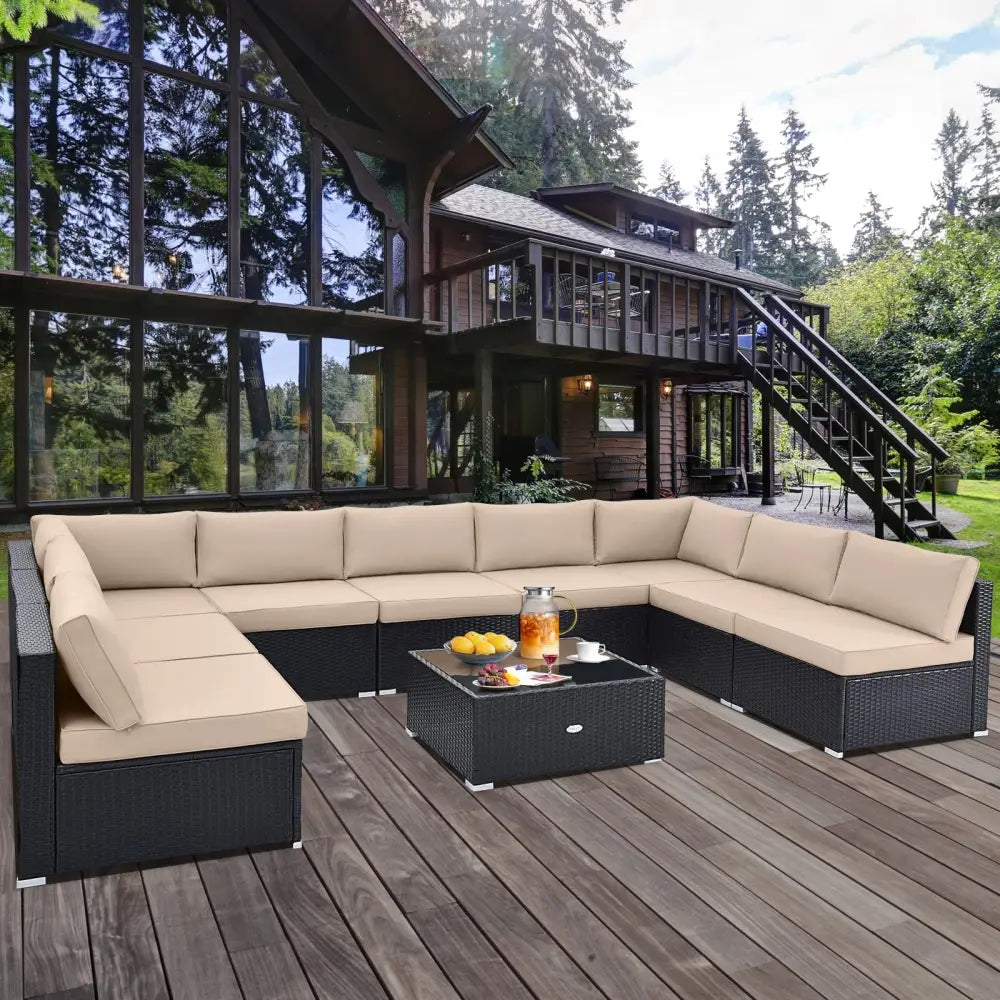 10 Piece Outdoor Wicker Conversation Set with Seat and Back Cushions-Beige - Beige - Patio Furniture Sets