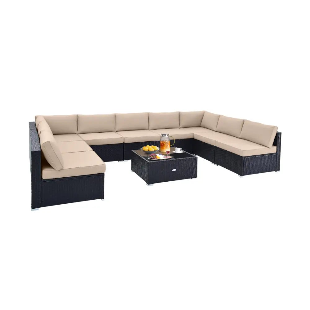 10 Piece Outdoor Wicker Conversation Set with Seat and Back Cushions-Beige - Beige - Patio Furniture Sets