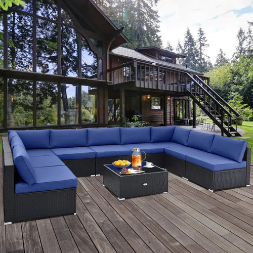 10 Piece Outdoor Wicker Conversation Set with Seat and Back Cushions-Navy - Navy - Patio Furniture Sets