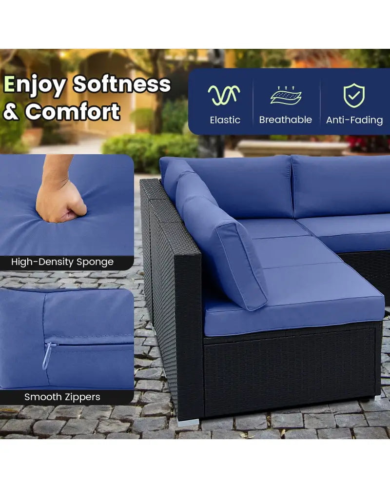 10 Piece Outdoor Wicker Conversation Set with Seat and Back Cushions-Navy - Navy - Patio Furniture Sets
