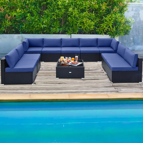 10 Piece Outdoor Wicker Conversation Set with Seat and Back Cushions-Navy - Navy - Patio Furniture Sets