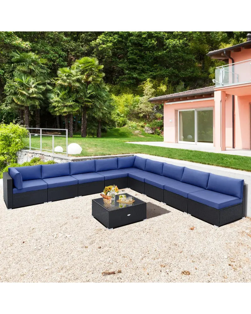 10 Piece Outdoor Wicker Conversation Set with Seat and Back Cushions-Navy - Navy - Patio Furniture Sets