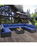 10 Piece Outdoor Wicker Conversation Set with Seat and Back Cushions-Navy - Navy - Patio Furniture Sets
