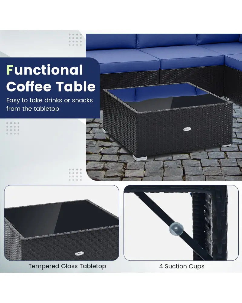 10 Piece Outdoor Wicker Conversation Set with Seat and Back Cushions-Navy - Navy - Patio Furniture Sets