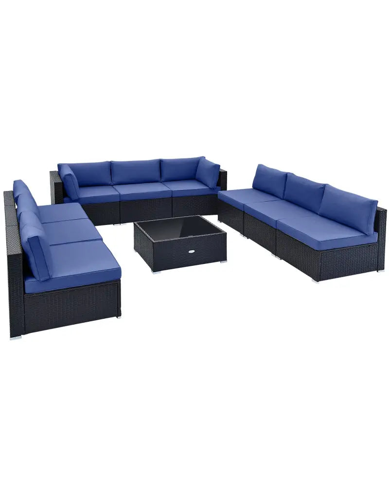 10 Piece Outdoor Wicker Conversation Set with Seat and Back Cushions-Navy - Navy - Patio Furniture Sets