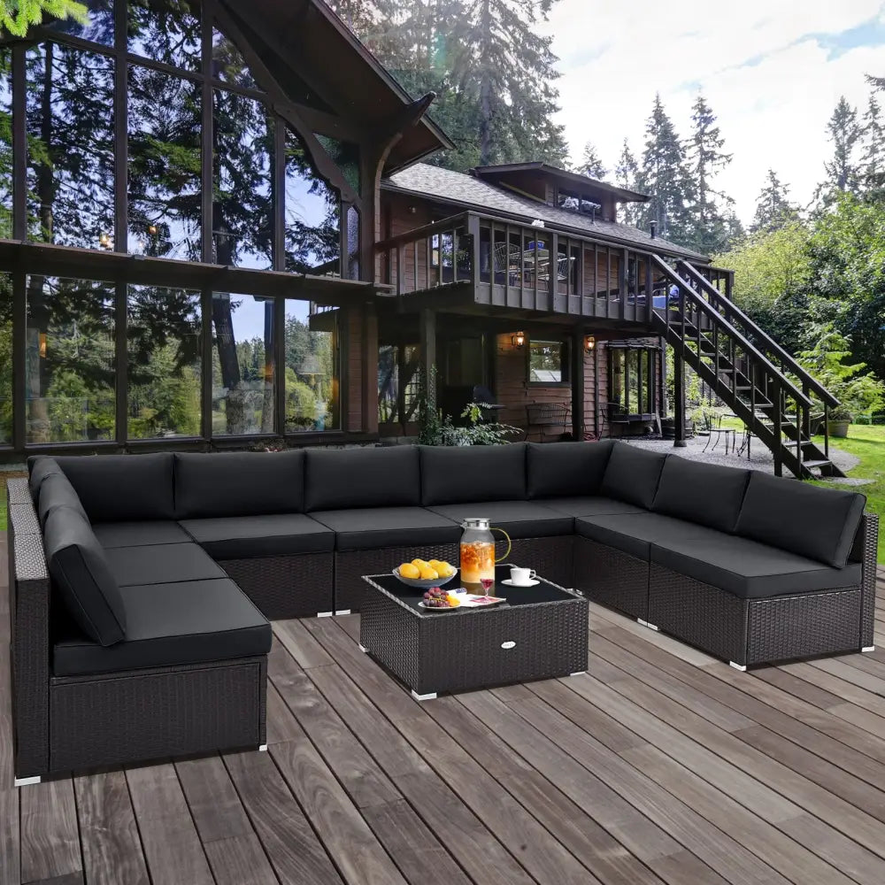 10 Piece Outdoor Wicker Conversation Set with Seat and Back Cushions-Black - Black - Patio Furniture Sets