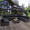 10 Piece Outdoor Wicker Conversation Set with Seat and Back Cushions-Black - Black - Patio Furniture Sets