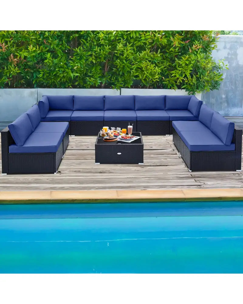 10 Piece Outdoor Wicker Conversation Set with Seat and Back Cushions-Navy - Navy - Patio Furniture Sets