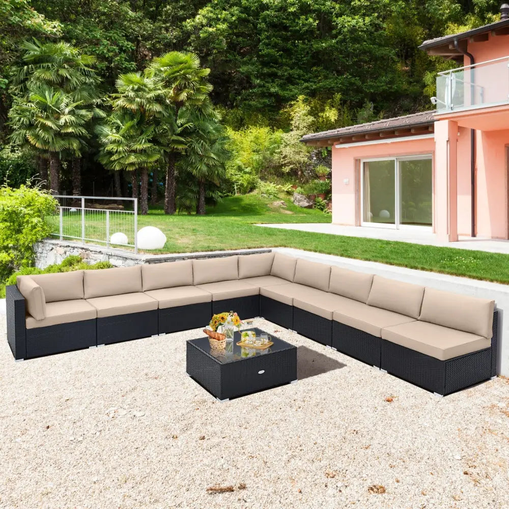 10 Piece Outdoor Wicker Conversation Set with Seat and Back Cushions-Beige - Beige - Patio Furniture Sets
