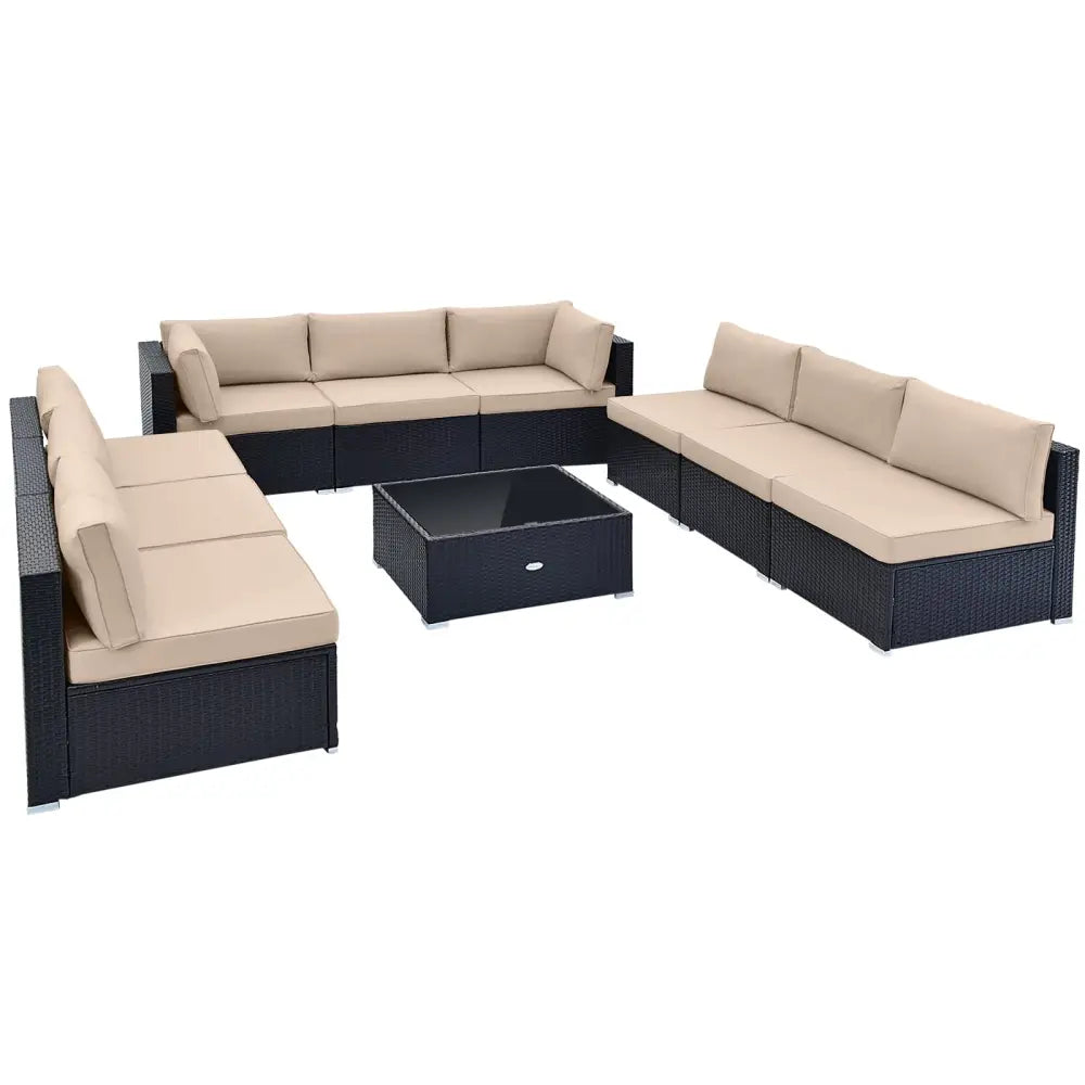 10 Piece Outdoor Wicker Conversation Set with Seat and Back Cushions-Beige - Beige - Patio Furniture Sets