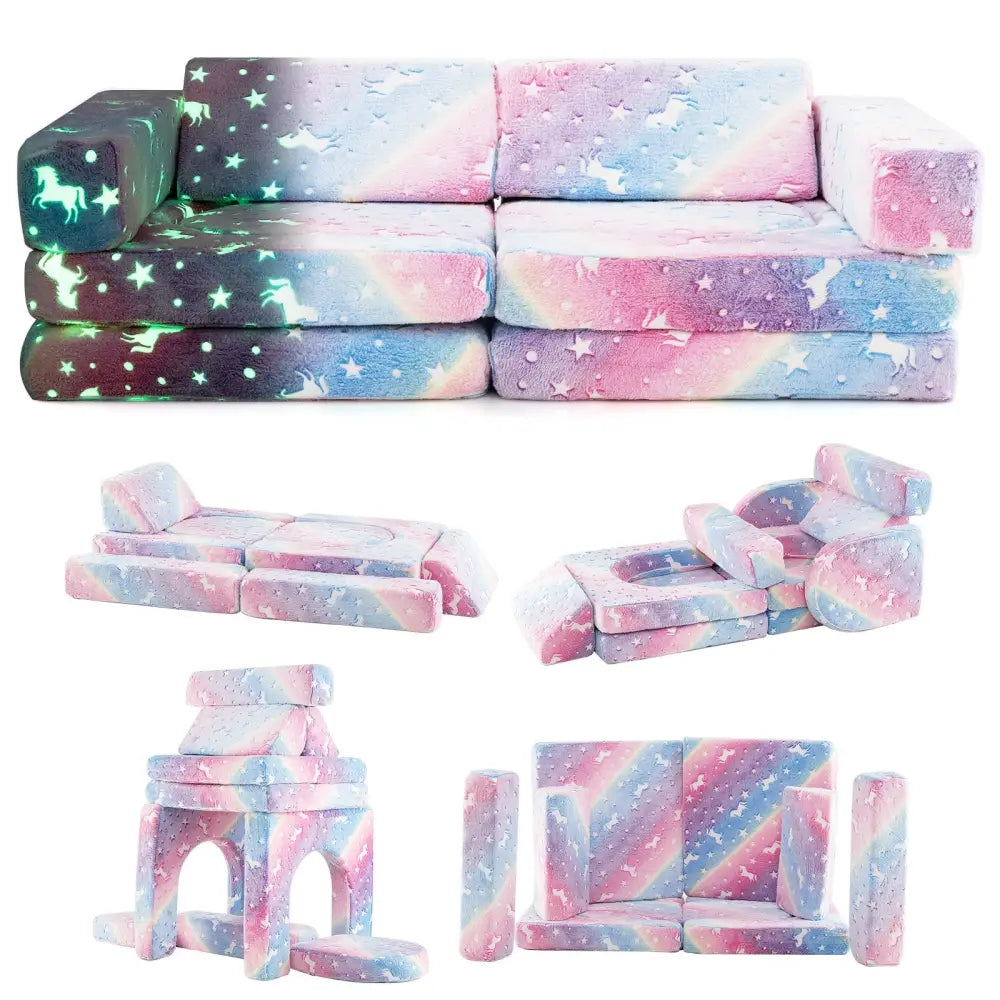 10 Pieces Modular Kids Play Couch Sectional Sofa Glow in the Dark-Multicolor - Multicolor - Kids Chairs & Seating