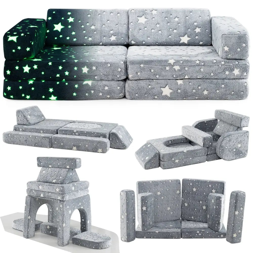 10 Pieces Modular Kids Play Couch Sectional Sofa Glow in the Dark-Gray - Gray - Kids Chairs & Seating