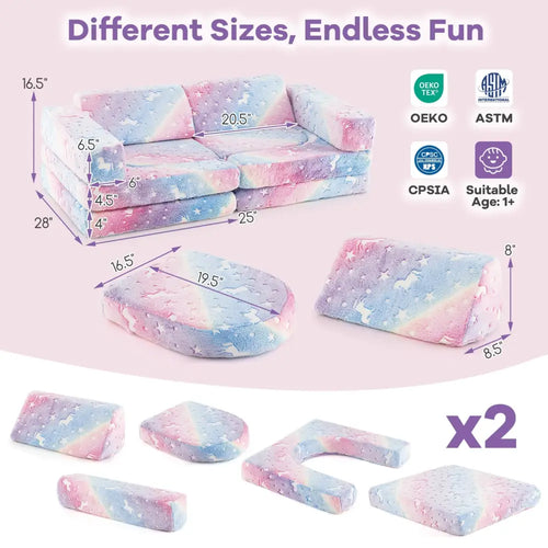 10 Pieces Modular Kids Play Couch Sectional Sofa Glow in the Dark-Multicolor - Multicolor - Kids Chairs & Seating