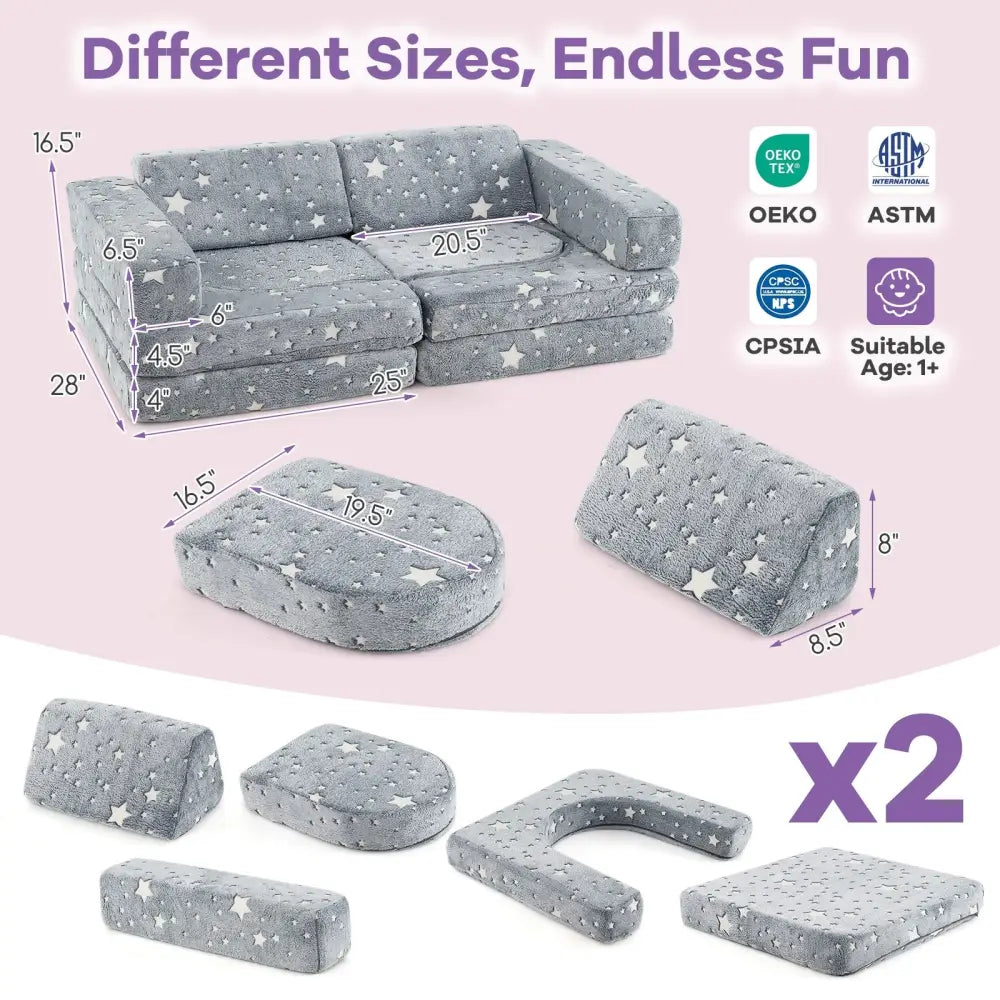10 Pieces Modular Kids Play Couch Sectional Sofa Glow in the Dark-Gray - Gray - Kids Chairs & Seating