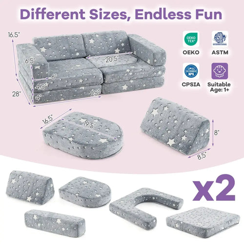 10 Pieces Modular Kids Play Couch Sectional Sofa Glow in the Dark-Gray - Gray - Kids Chairs & Seating