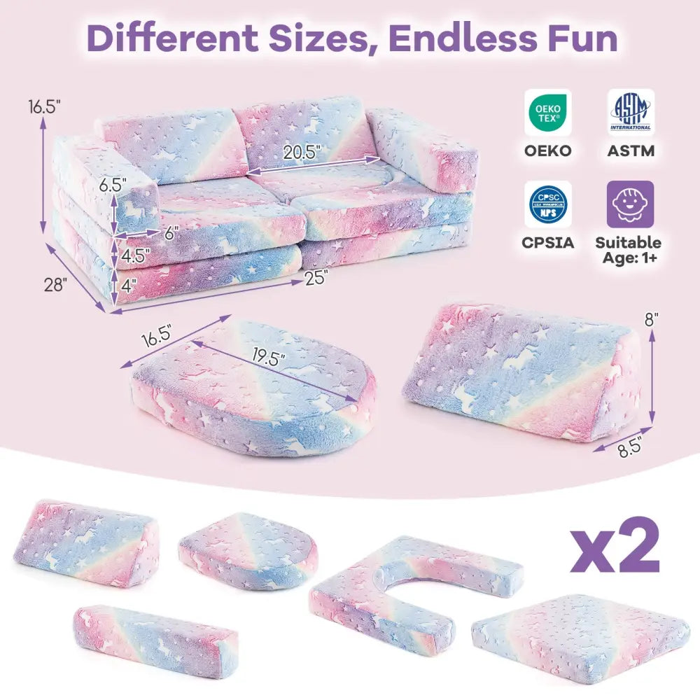 10 Pieces Modular Kids Play Couch Sectional Sofa Glow in the Dark-Multicolor - Multicolor - Kids Chairs & Seating