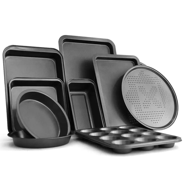 10 Pieces Nonstick Bakeware Set Baking Roasting Cake Pans - Black - Cookware & Bakeware