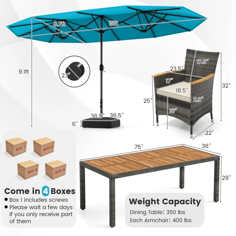 10 Pieces Patio Wicker Dining Set with 15 Feet Double-Sided Patio Umbrella-Turquoise - Turquoise - Patio Dining Sets