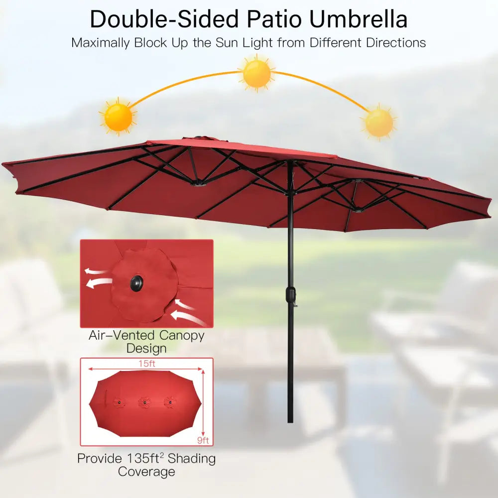 10 Pieces Patio Wicker Dining Set with 15 Feet Double-Sided Patio Umbrella-Red - Red - Patio Dining Sets