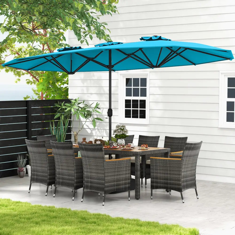 10 Pieces Patio Wicker Dining Set with 15 Feet Double-Sided Patio Umbrella-Turquoise - Turquoise - Patio Dining Sets