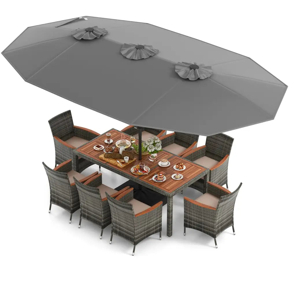 10 Pieces Patio Wicker Dining Set with 15 Feet Double-Sided Patio Umbrella-Gray - Gray - Patio Dining Sets
