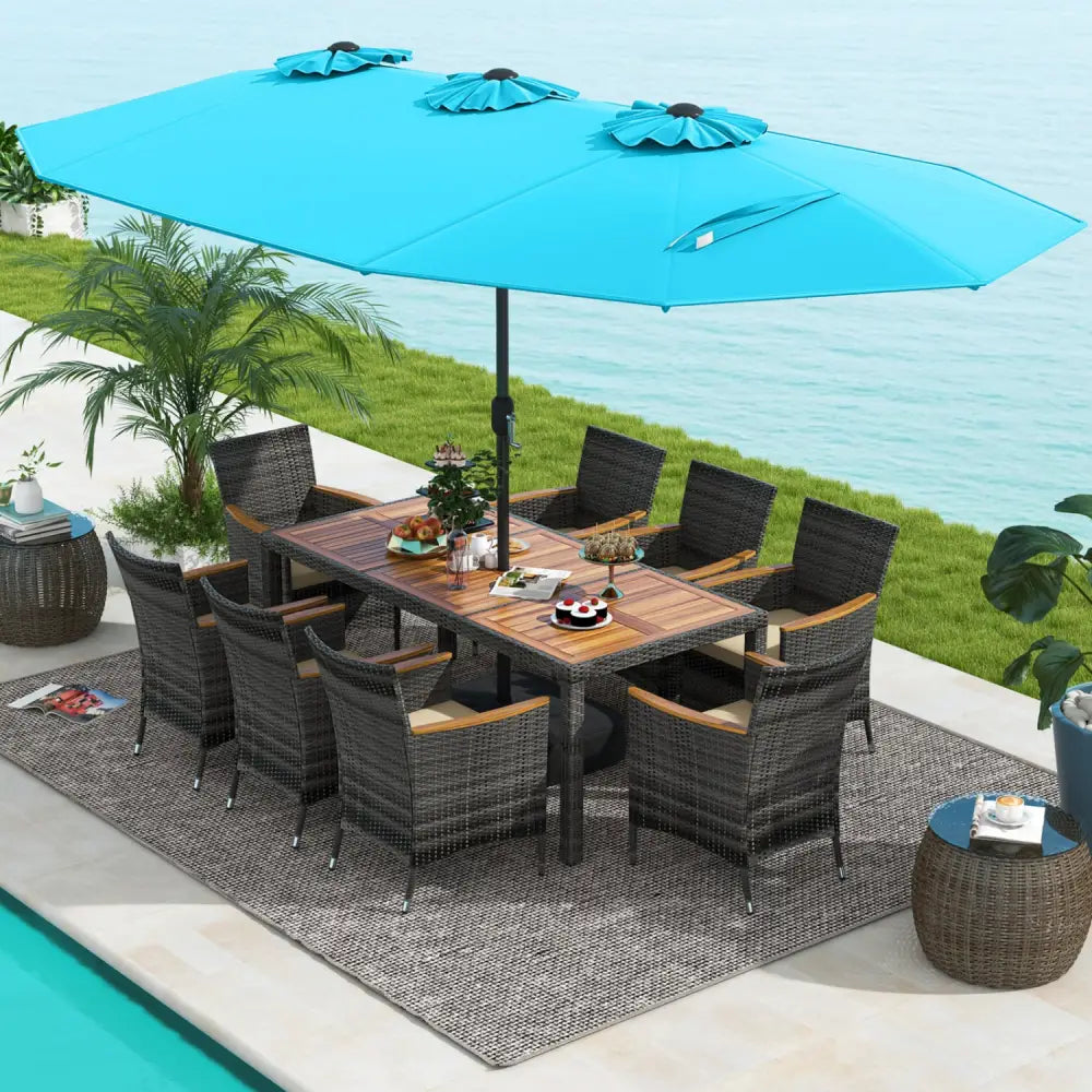 10 Pieces Patio Wicker Dining Set with 15 Feet Double-Sided Patio Umbrella-Turquoise - Turquoise - Patio Dining Sets