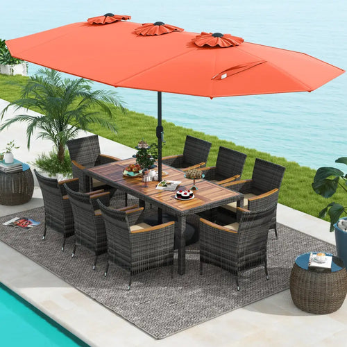 10 Pieces Patio Wicker Dining Set with 15 Feet Double-Sided Patio Umbrella-Orange - Orange - Patio Dining Sets