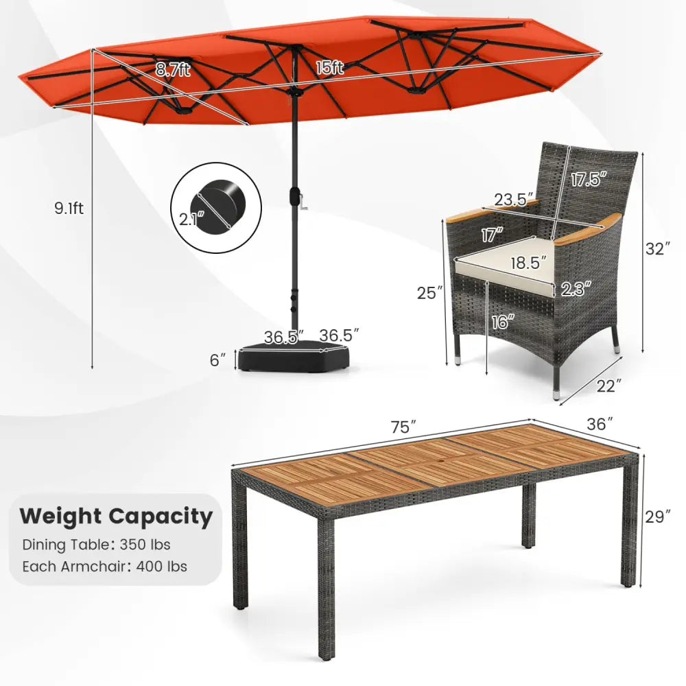 10 Pieces Patio Wicker Dining Set with 15 Feet Double-Sided Patio Umbrella-Orange - Orange - Patio Dining Sets