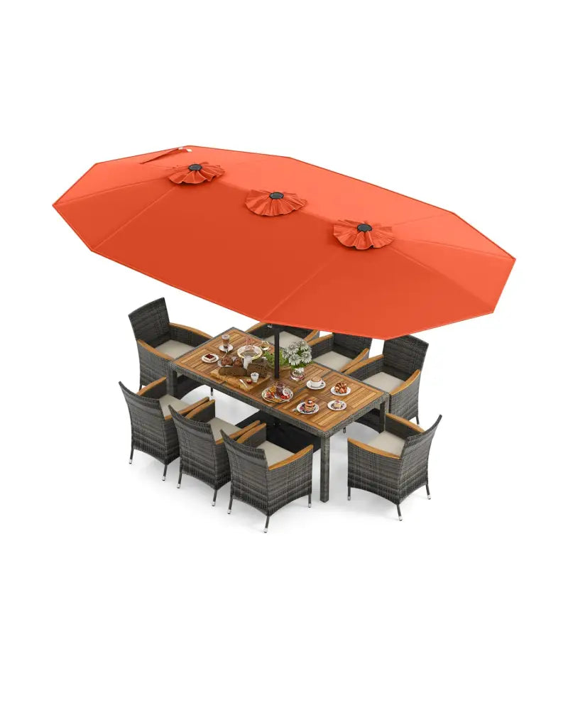 10 Pieces Patio Wicker Dining Set with 15 Feet Double-Sided Patio Umbrella-Orange - Orange - Patio Dining Sets