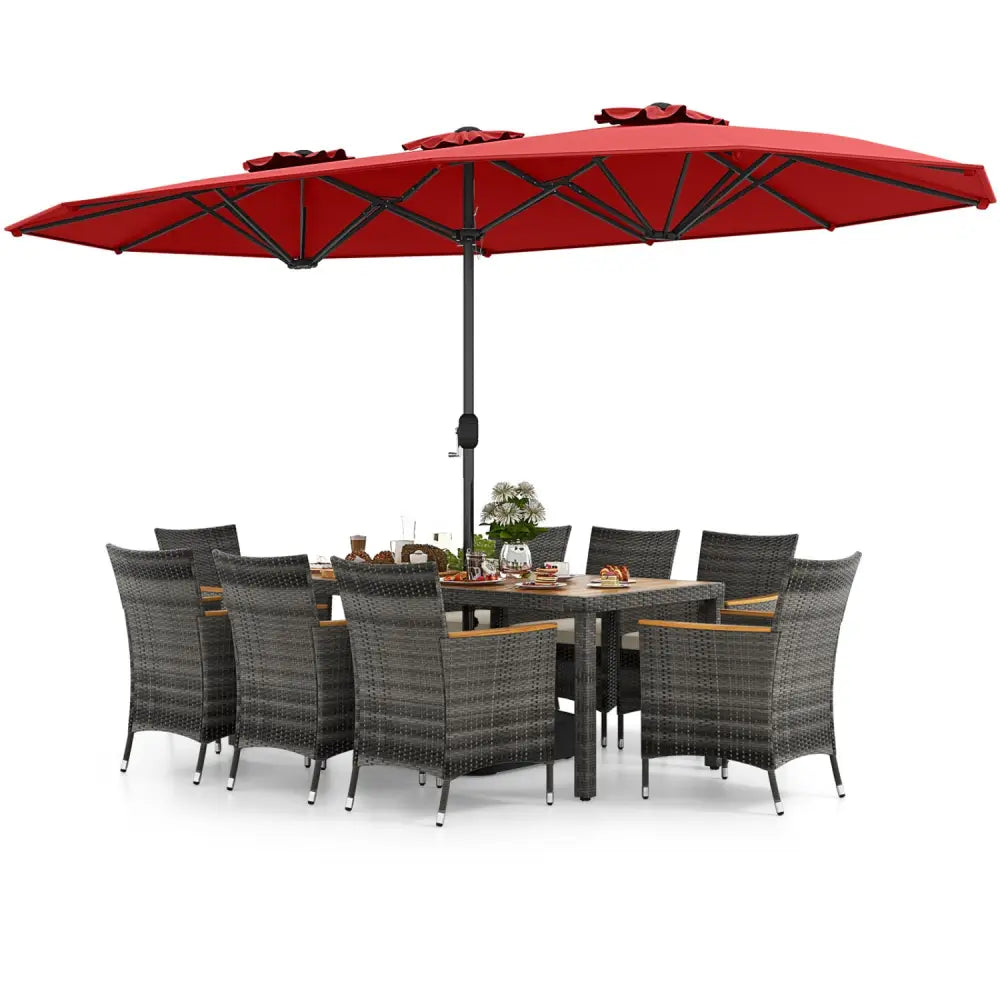 10 Pieces Patio Wicker Dining Set with 15 Feet Double-Sided Patio Umbrella-Red - Red - Patio Dining Sets