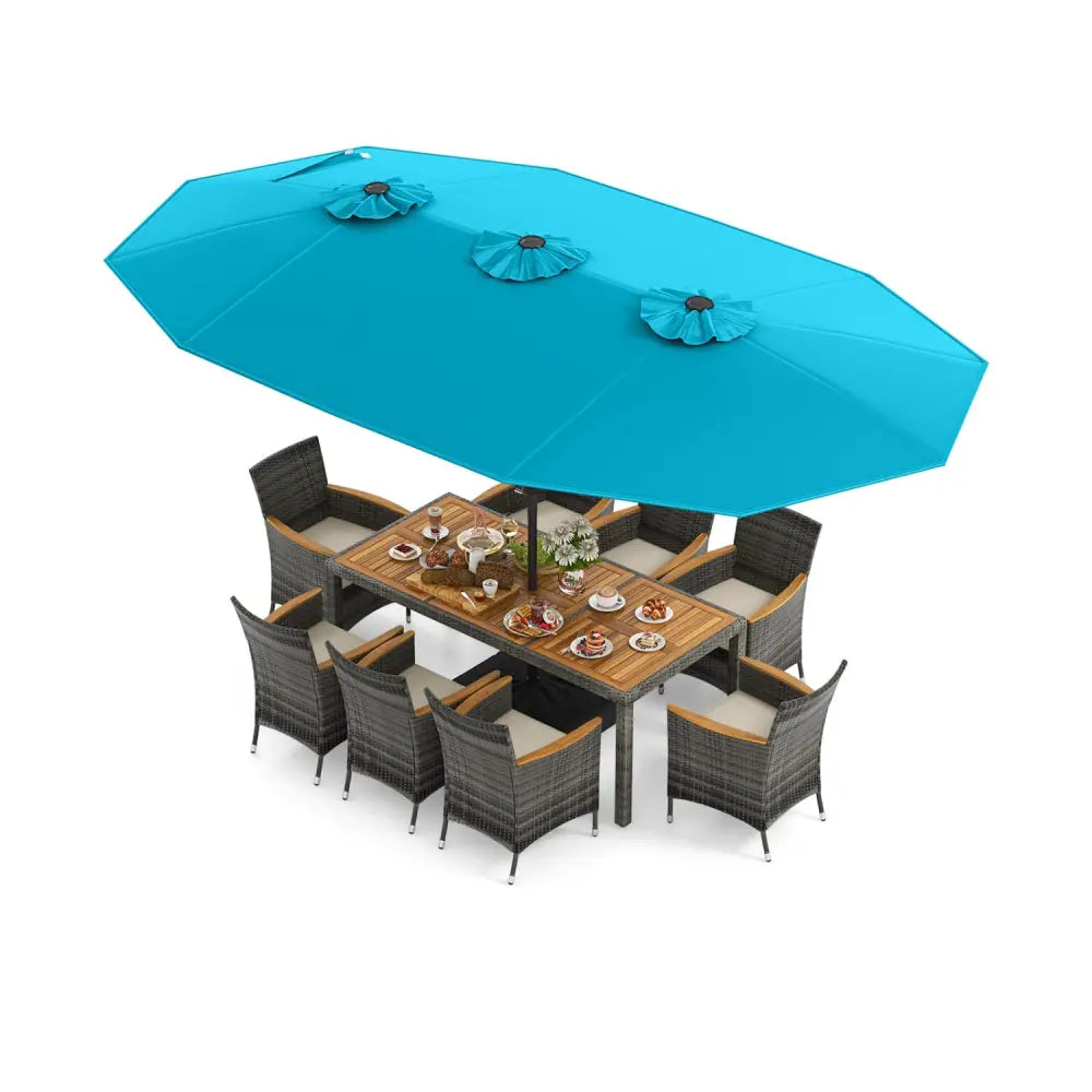 10 Pieces Patio Wicker Dining Set with 15 Feet Double-Sided Patio Umbrella-Turquoise - Turquoise - Patio Dining Sets