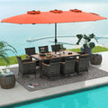 10 Pieces Patio Wicker Dining Set with 15 Feet Double-Sided Patio Umbrella-Orange - Orange - Patio Dining Sets