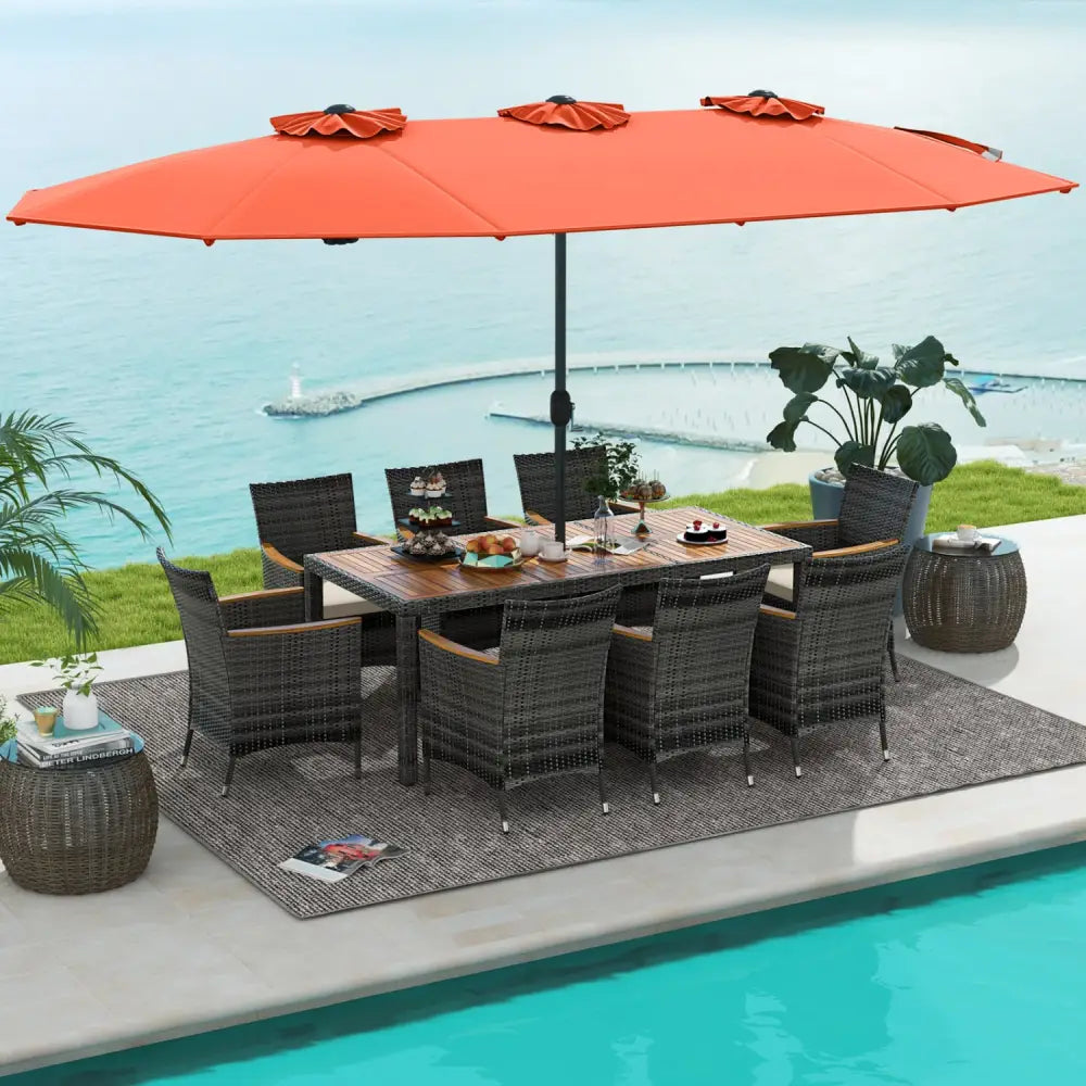 10 Pieces Patio Wicker Dining Set with 15 Feet Double-Sided Patio Umbrella-Orange - Orange - Patio Dining Sets
