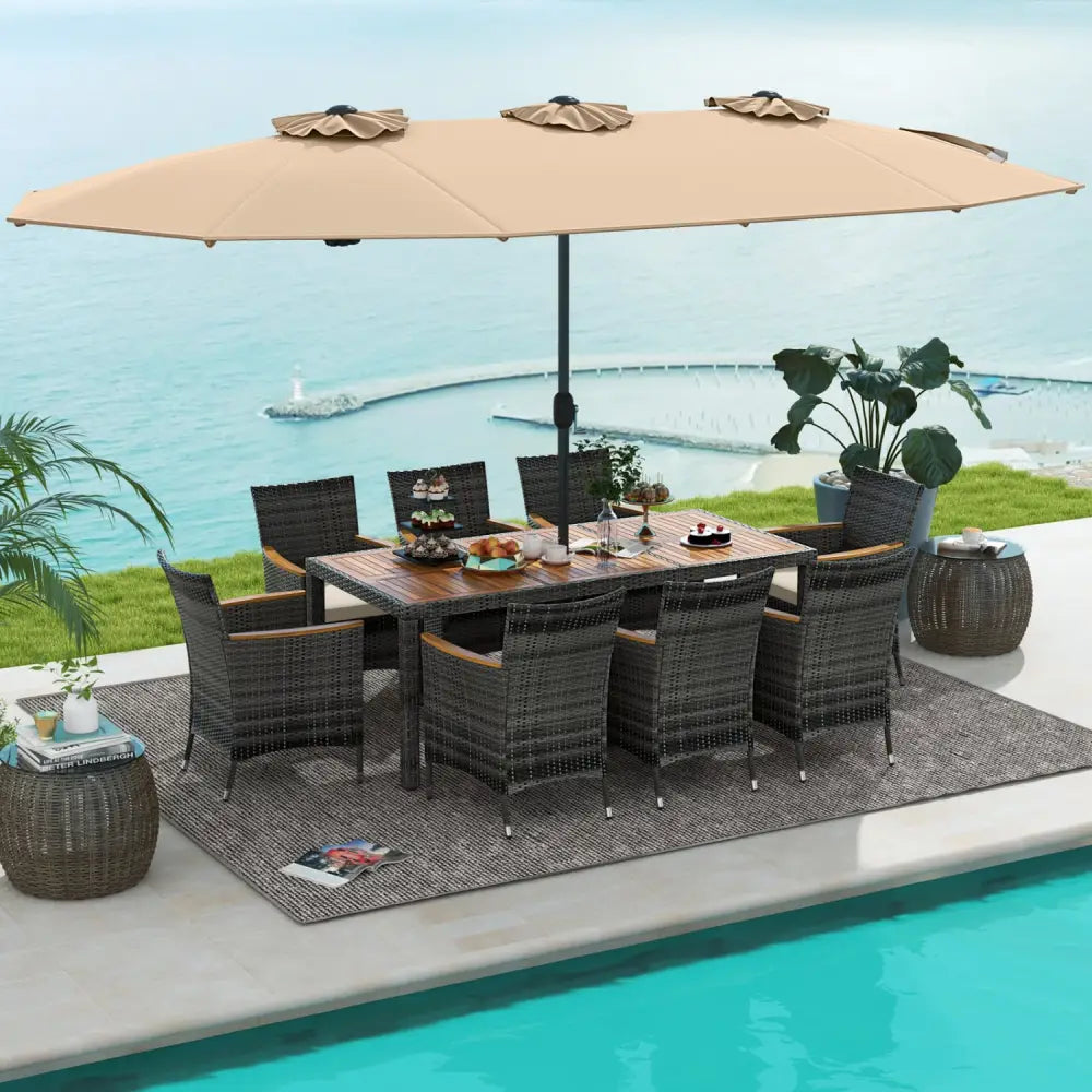 10 Pieces Patio Wicker Dining Set with 15 Feet Double-Sided Patio Umbrella-Brown - Brown - Patio Dining Sets