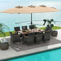 10 Pieces Patio Wicker Dining Set with 15 Feet Double-Sided Patio Umbrella-Brown - Brown - Patio Dining Sets