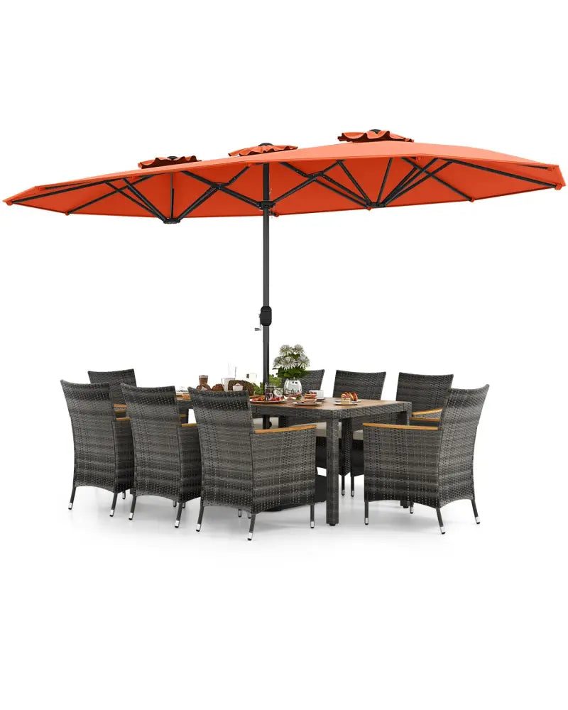 10 Pieces Patio Wicker Dining Set with 15 Feet Double-Sided Patio Umbrella-Orange - Orange - Patio Dining Sets