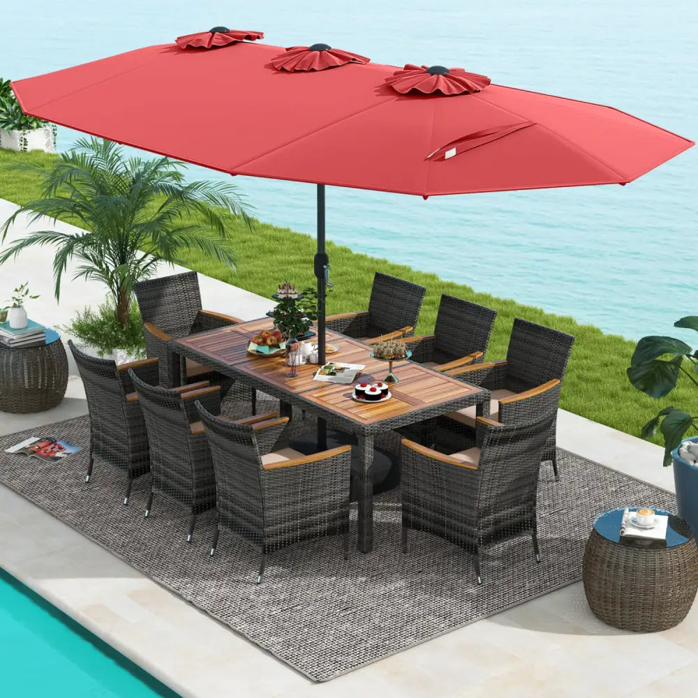 10 Pieces Patio Wicker Dining Set with 15 Feet Double-Sided Patio Umbrella-Red - Red - Patio Dining Sets