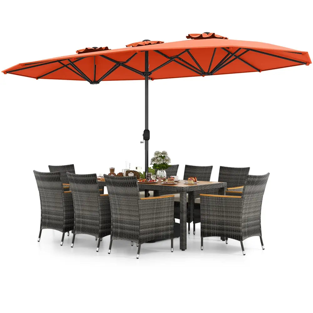 10 Pieces Patio Wicker Dining Set with 15 Feet Double-Sided Patio Umbrella-Orange - Orange - Patio Dining Sets