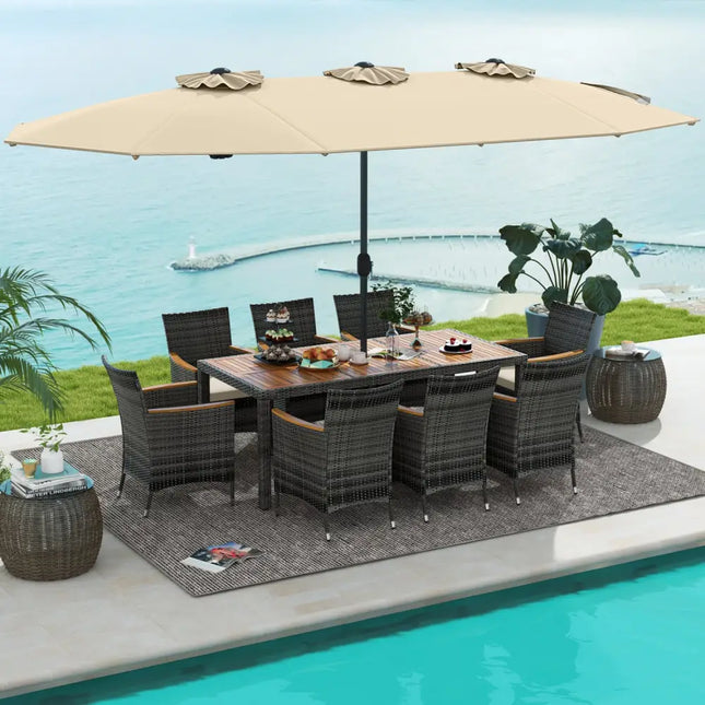 10 Pieces Patio Wicker Dining Set with 15 Feet Double-Sided Patio Umbrella-Beige - Beige - Patio Dining Sets
