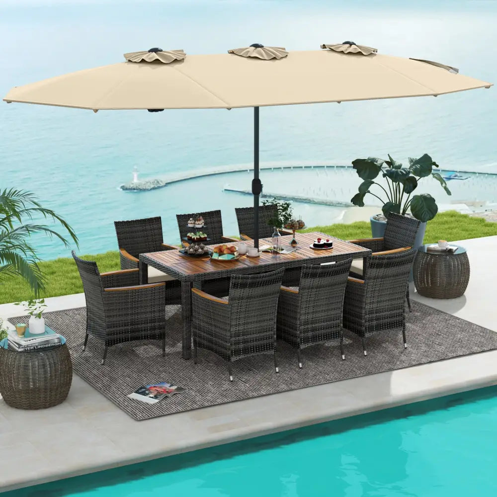 10 Pieces Patio Wicker Dining Set with 15 Feet Double-Sided Patio Umbrella-Beige - Beige - Patio Dining Sets