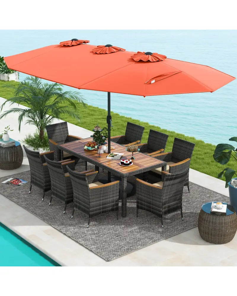 10 Pieces Patio Wicker Dining Set with 15 Feet Double-Sided Patio Umbrella-Orange - Orange - Patio Dining Sets