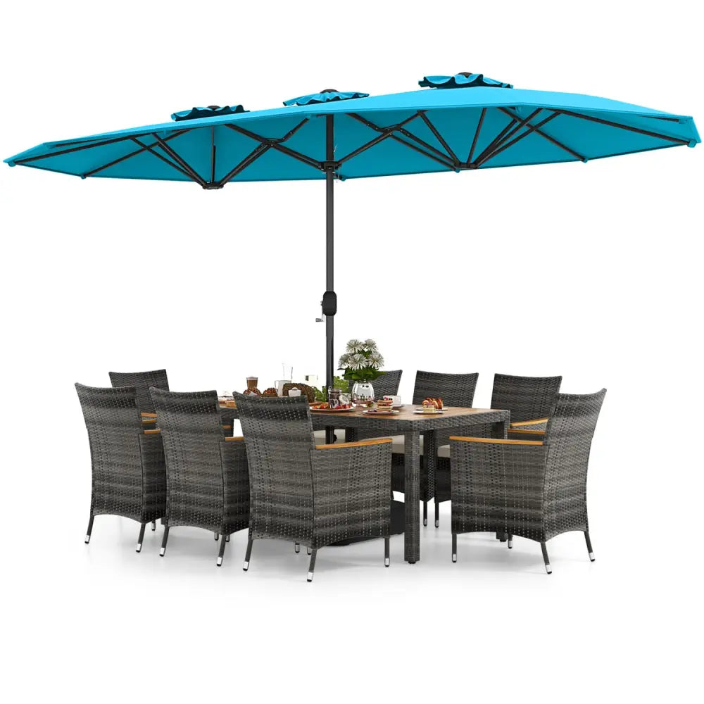 10 Pieces Patio Wicker Dining Set with 15 Feet Double-Sided Patio Umbrella-Turquoise - Turquoise - Patio Dining Sets