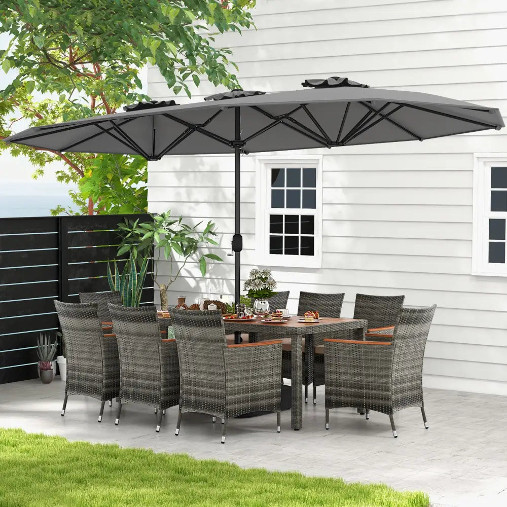 10 Pieces Patio Wicker Dining Set with 15 Feet Double-Sided Patio Umbrella-Gray - Gray - Patio Dining Sets