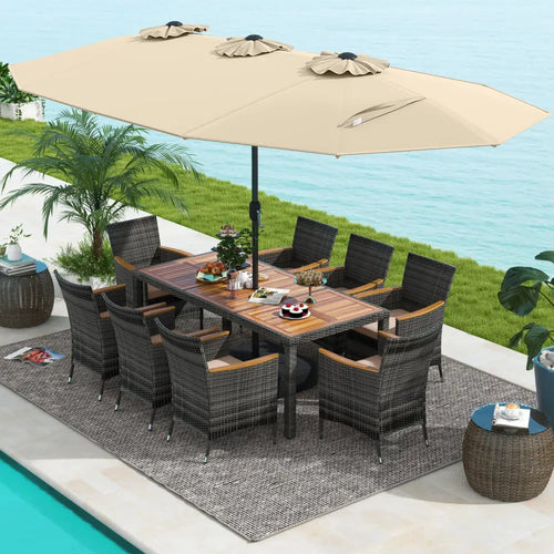10 Pieces Patio Wicker Dining Set with 15 Feet Double-Sided Patio Umbrella-Beige - Beige - Patio Dining Sets