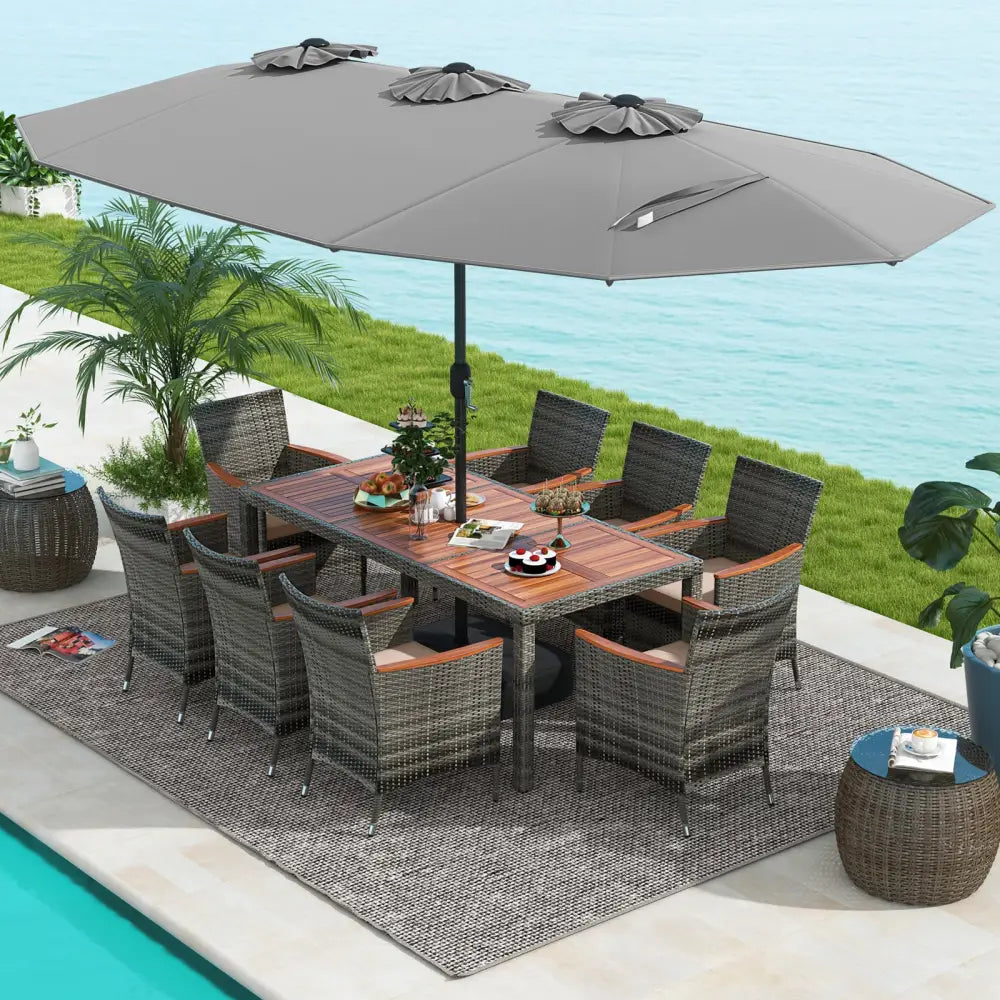 10 Pieces Patio Wicker Dining Set with 15 Feet Double-Sided Patio Umbrella-Gray - Gray - Patio Dining Sets