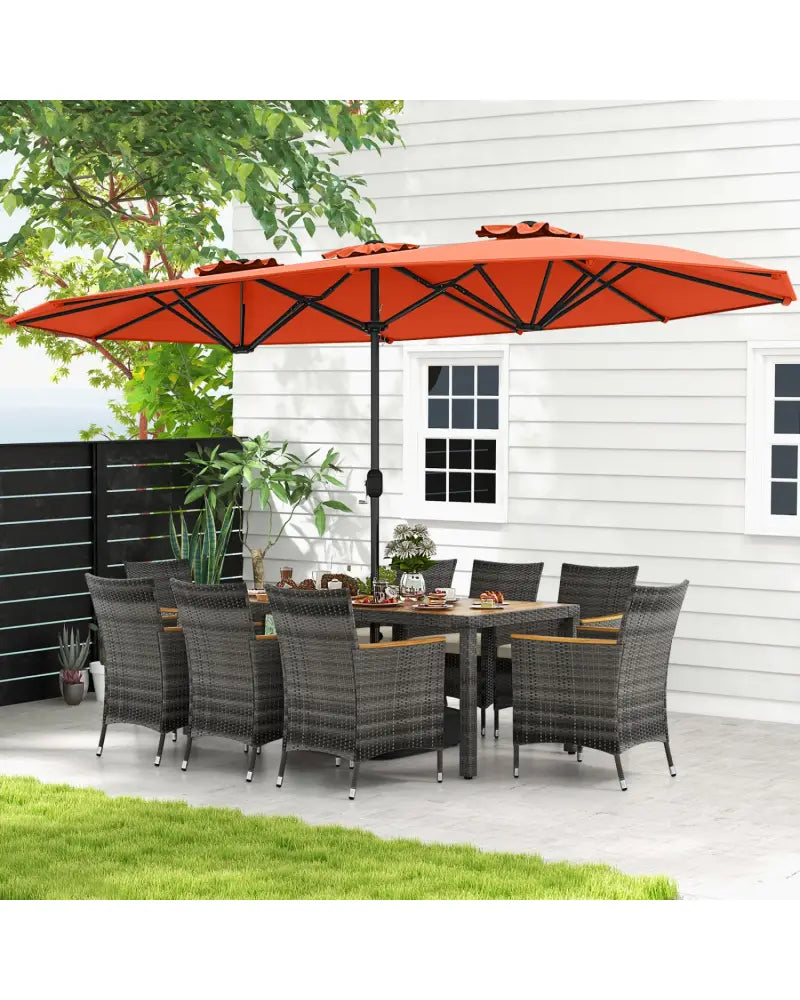10 Pieces Patio Wicker Dining Set with 15 Feet Double-Sided Patio Umbrella-Orange - Orange - Patio Dining Sets